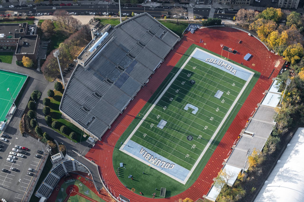 Aerial photograph of Columbia University's sports stadium showcasing its track and field facilities.